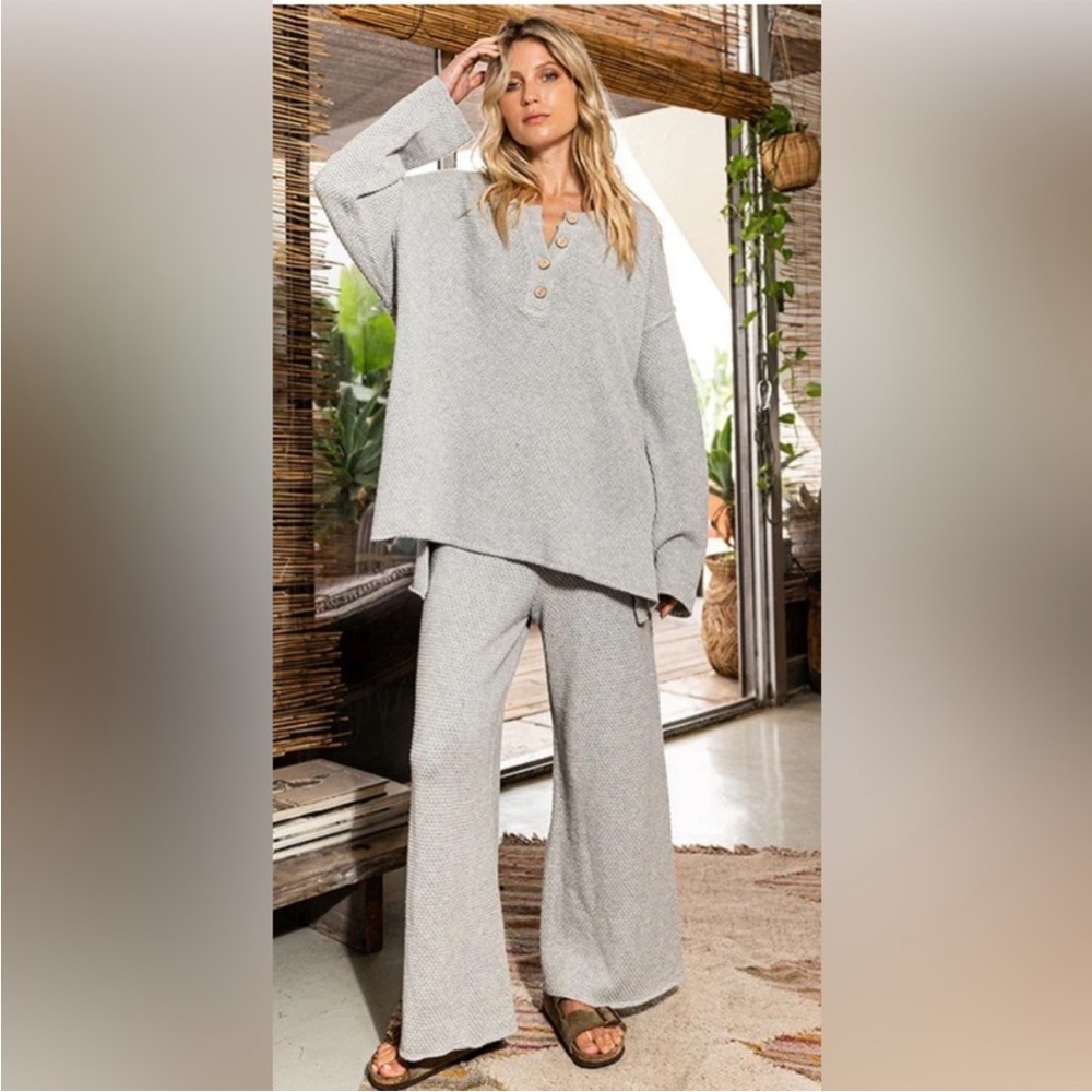 Free People Beach Hailee Waffle Knit Wide Leg Lounge Pants Size M cozy chic 90s